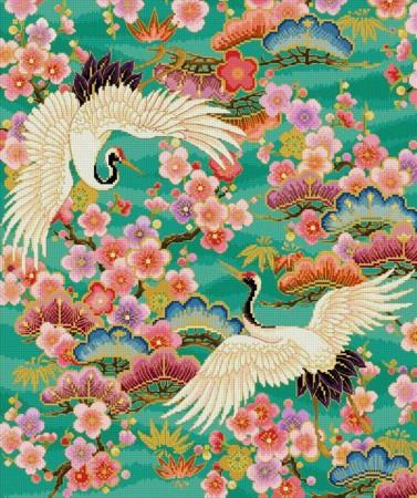 Blooming Sakuras and White Cranes / Cross Stitch Asia