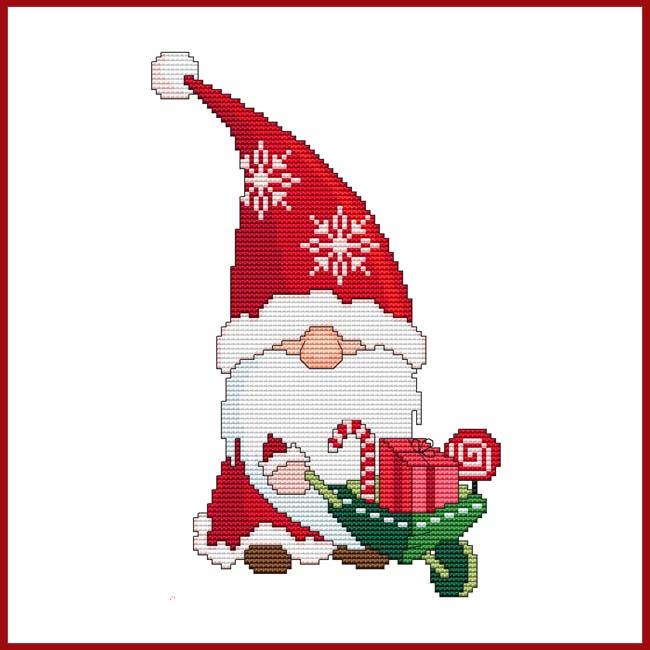 Santa Gnome With Gifts In Wheelbarrow / Cross Stitch Wonders