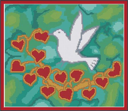 Bird & Hearts on Green Silk / CrossStitchCards