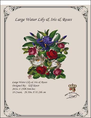 Large Water Lily & Iris & Roses-E / Antique Needlework Design