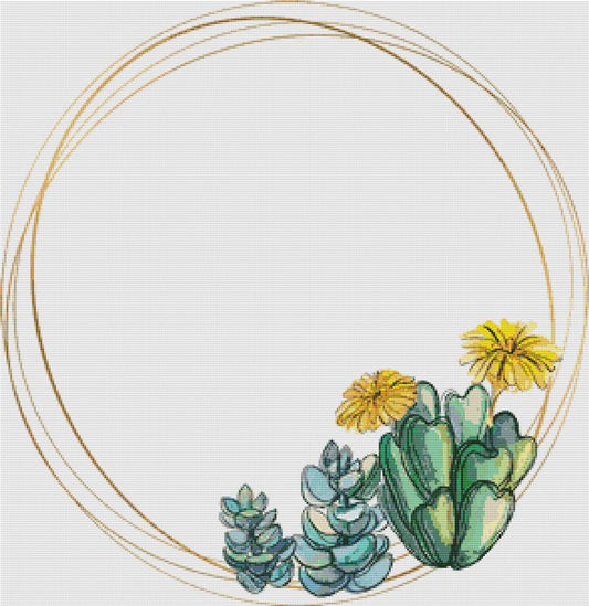 Round Gold Frame With Succulents / X Squared Cross Stitch / 49013