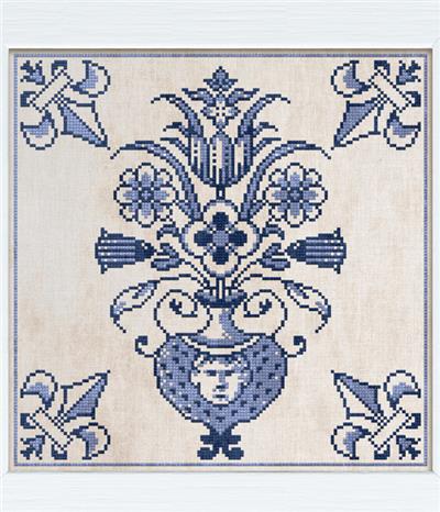 Delft Blue Tile No. 1 - The Vase / Modern Folk Embroidery